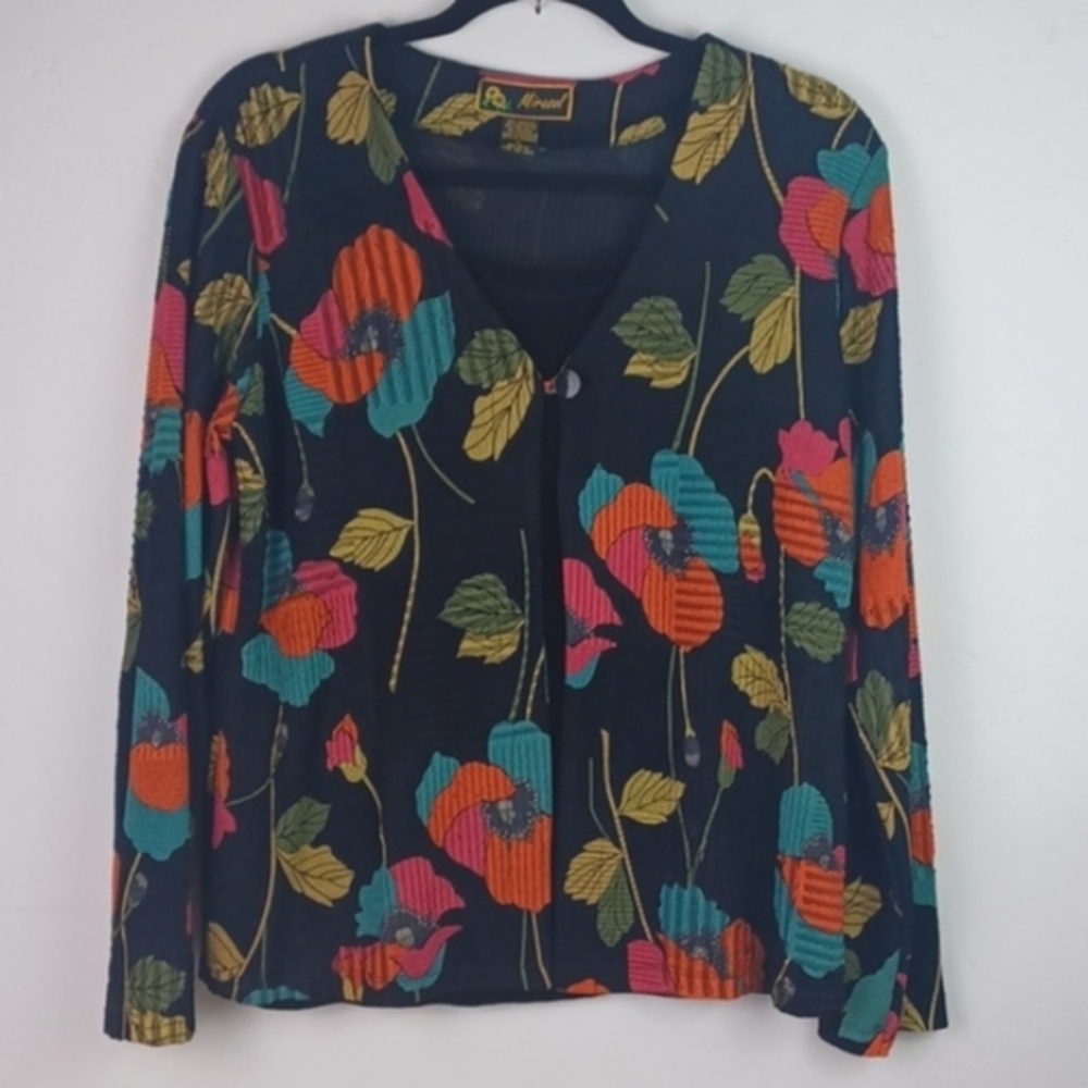 ♥️SOLD♥️MIRASOL BLACK & COLORFULLY FLORAL LONG SLEEVE RIBBED TOP SZ L - Picture 1 of 10